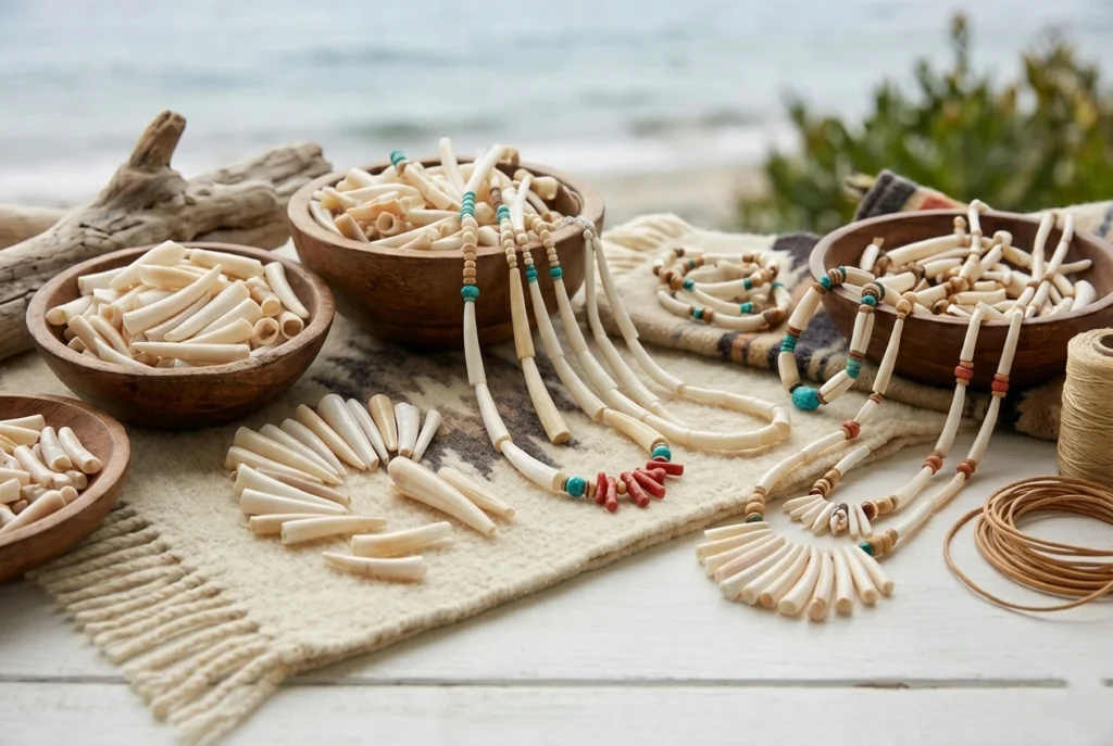 Ornamental shells arranged for home decor, jewelry making, and craft displays near the beach.