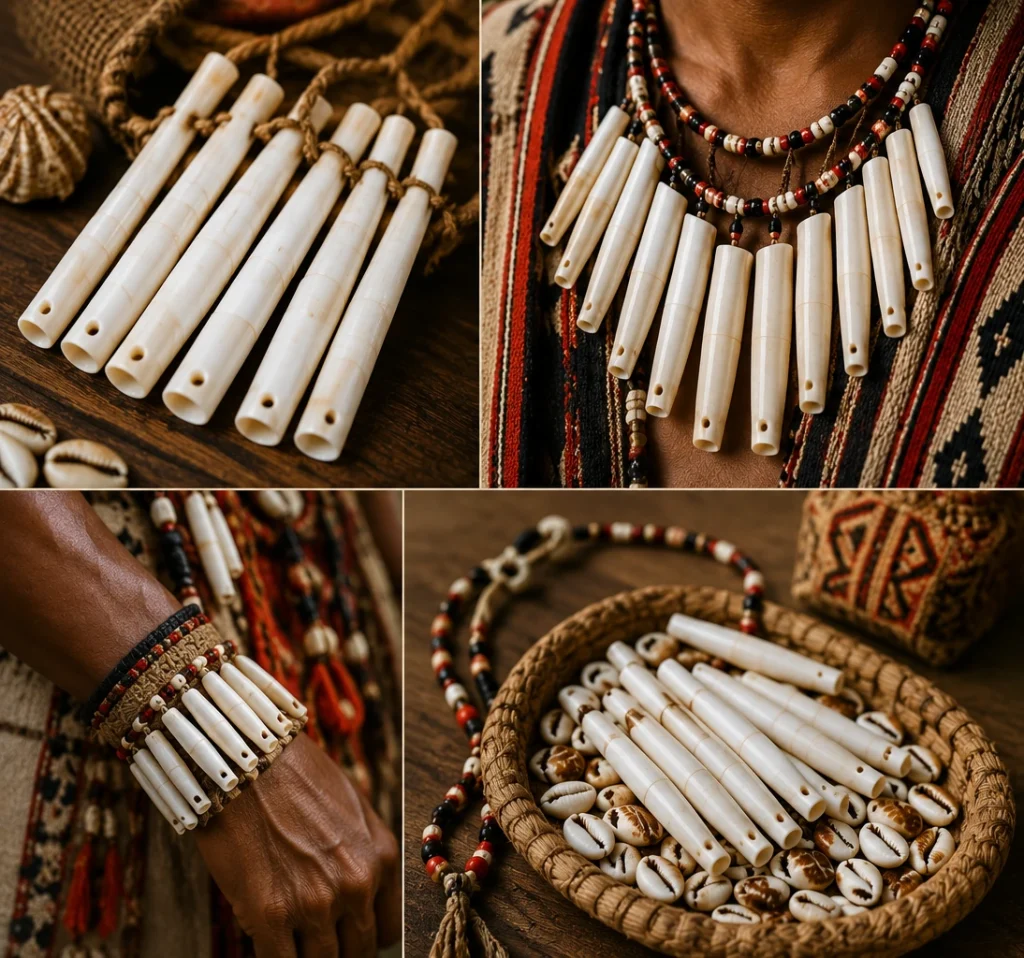 Close-up of traditional Indigenous regalia featuring layered dentalium shell necklaces