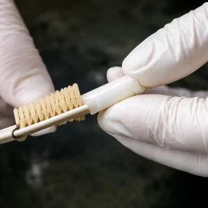 Gloved hands cleaning a small dentalium seashell using a brush and tool for detailed preparation