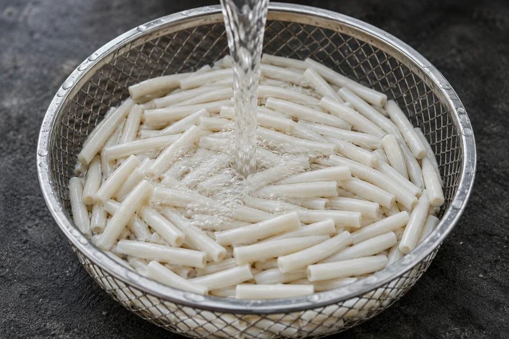 Rinsing cleaned natural dentalium shells in a sieve before jewelry making.