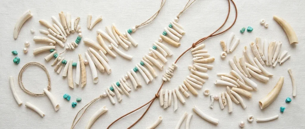 Dentalium shell jewelry made with natural tusk shells, beads, necklaces, chokers and handmade shell designs