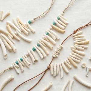 Handmade dentalium shell jewelry and beadwork designs with natural tusk shells, tooth shells, necklaces, earrings, chokers, and craft accessories.