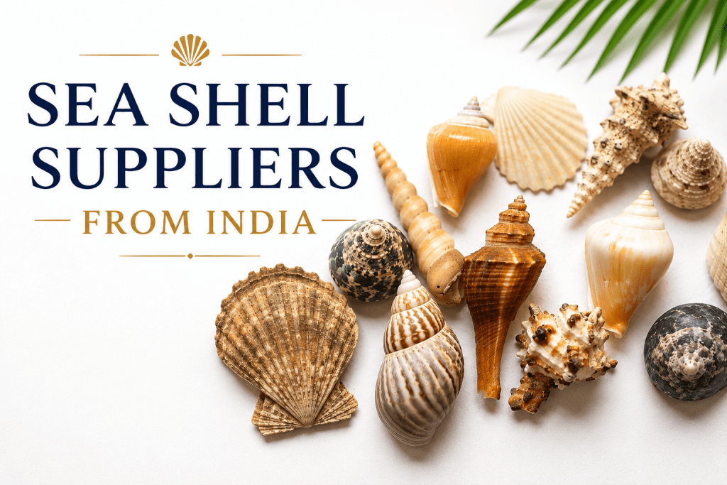 Sea shell suppliers from India with assorted natural seashells on a clean white background